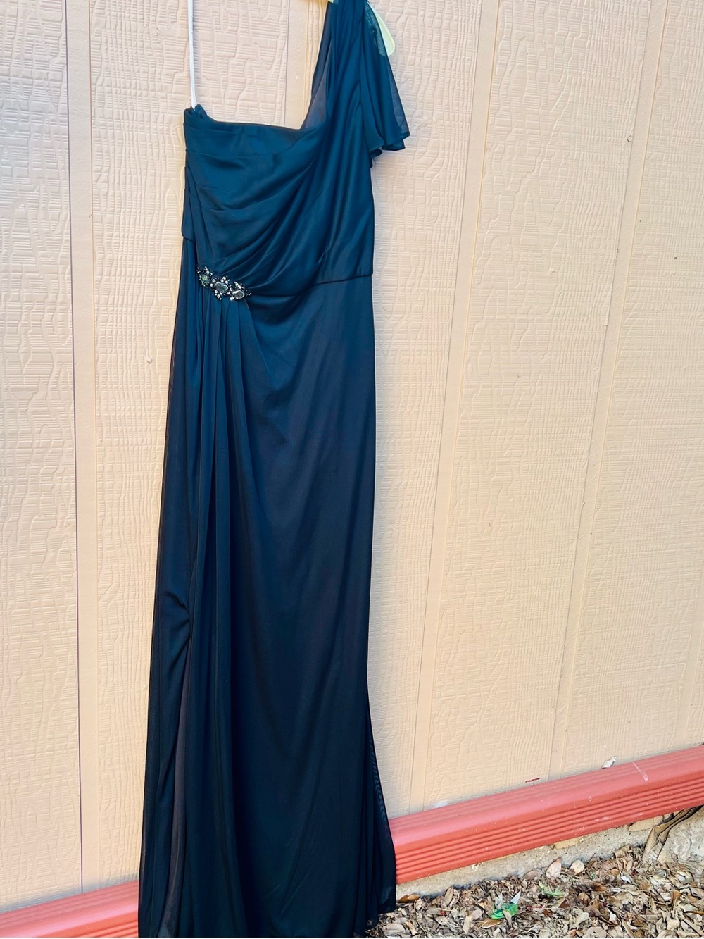David's Bridal One-Shoulder black Evening Gown with Side Embellishment